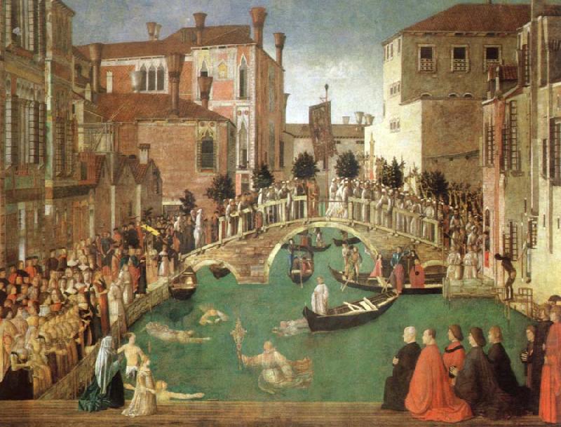 the miracle of the true cross near san lorenzo bridge, Gentile Bellini